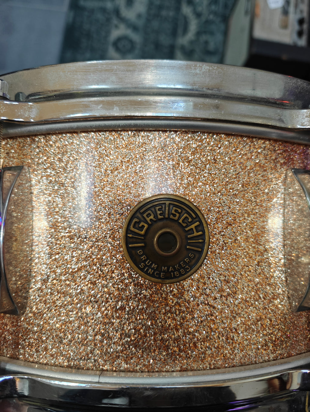 Gretsch Model 4157, 5 x 14 Champagne Sparkle Pearl Wood Snare Drum 1960s